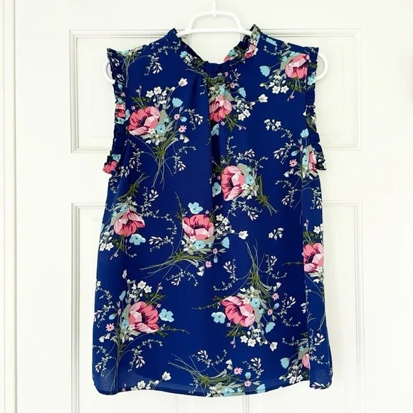 WAYF top size S blue pink floral ruffle trim sleeveless blouse shirt - Picture 3 of 7